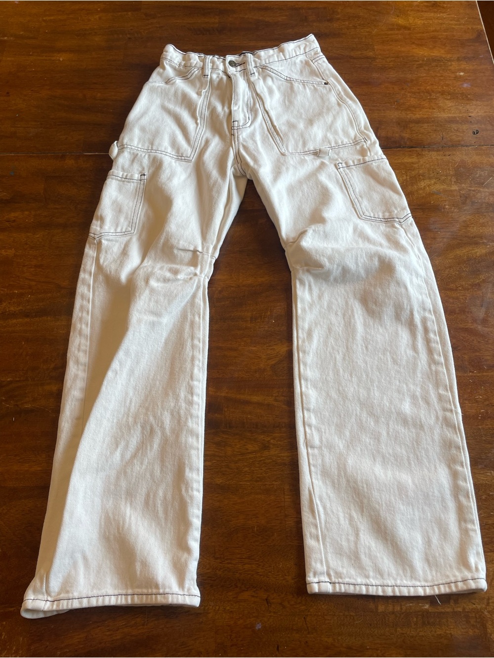 LIONESS White Carpenter Jeans Black Contrast Stitch XXS Cargo Pockets Cotton